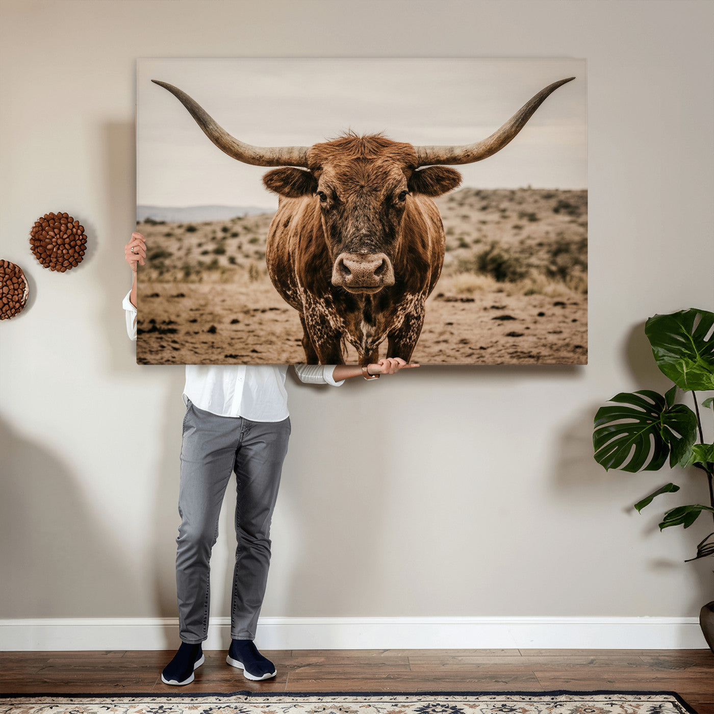 17622011K-MGV-CV-36X24 - Texas Longhorn Bull Wall Art Canvas Print, Western Farmhouse Cowboy Decor, Rustic Texas Ranch Cattle Artwork for Living Room Bedroom Office, Framed Wall Decor