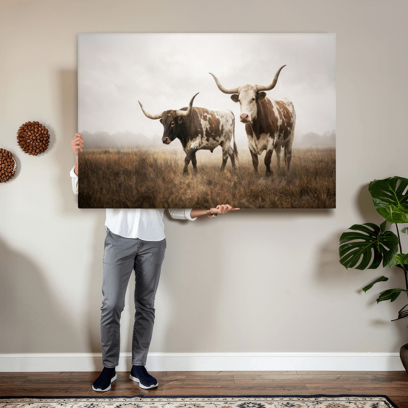 92881702-MGV-CV-36X24 - Texas Longhorn Canvas Wall Art Western Bull Desert Moody Grey Overcast Rustic Farmhouse Framed Large for Living Room Bedroom Office Decor