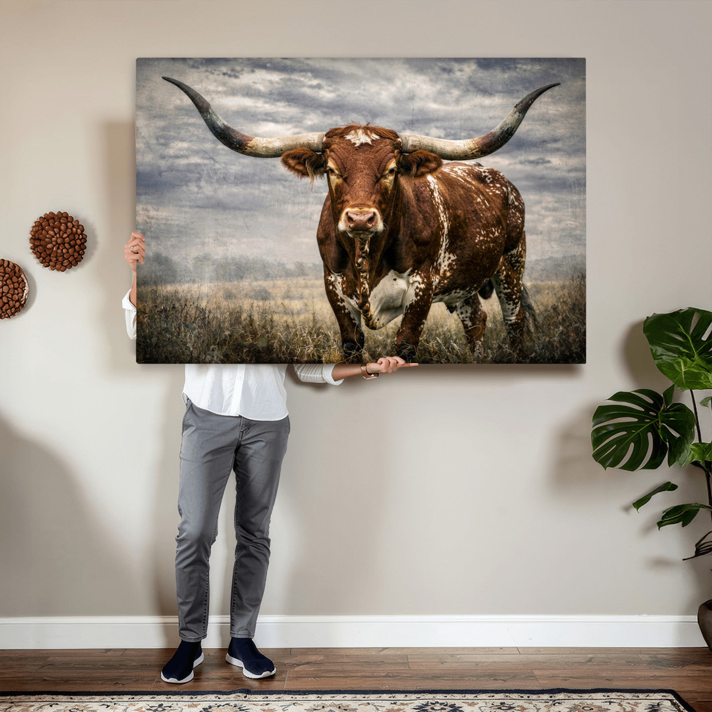 14372769-MGV-CV-36X24 - Texas Longhorn Canvas Wall Art Western Bull Desert Moody Grey Overcast Rustic Farmhouse Framed Large for Living Room Bedroom Office Decor