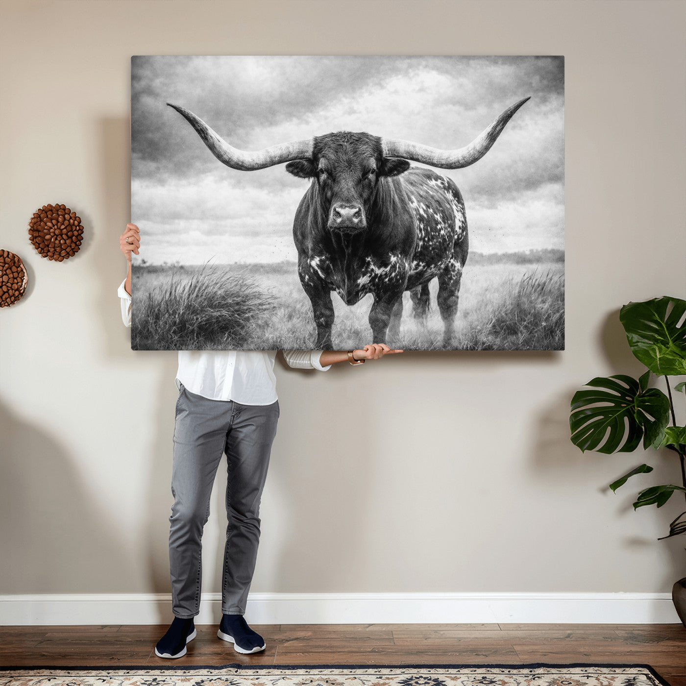 19951238-MGV-CV-36X24 - Texas Longhorn Canvas Wall Art Western Bull Desert Moody Grey Overcast Rustic Farmhouse Framed Large for Living Room Bedroom Office Decor