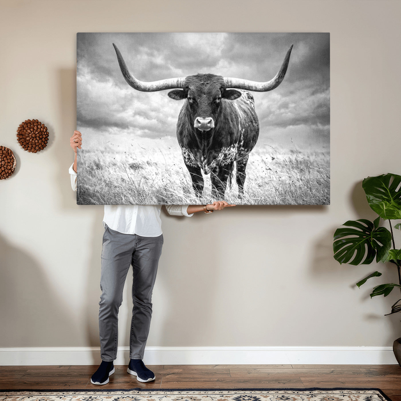 63336115-MGV-CV-36X24 - Texas Longhorn Canvas Wall Art Western Bull Desert Moody Grey Overcast Rustic Farmhouse Framed Large for Living Room Bedroom Office Decor