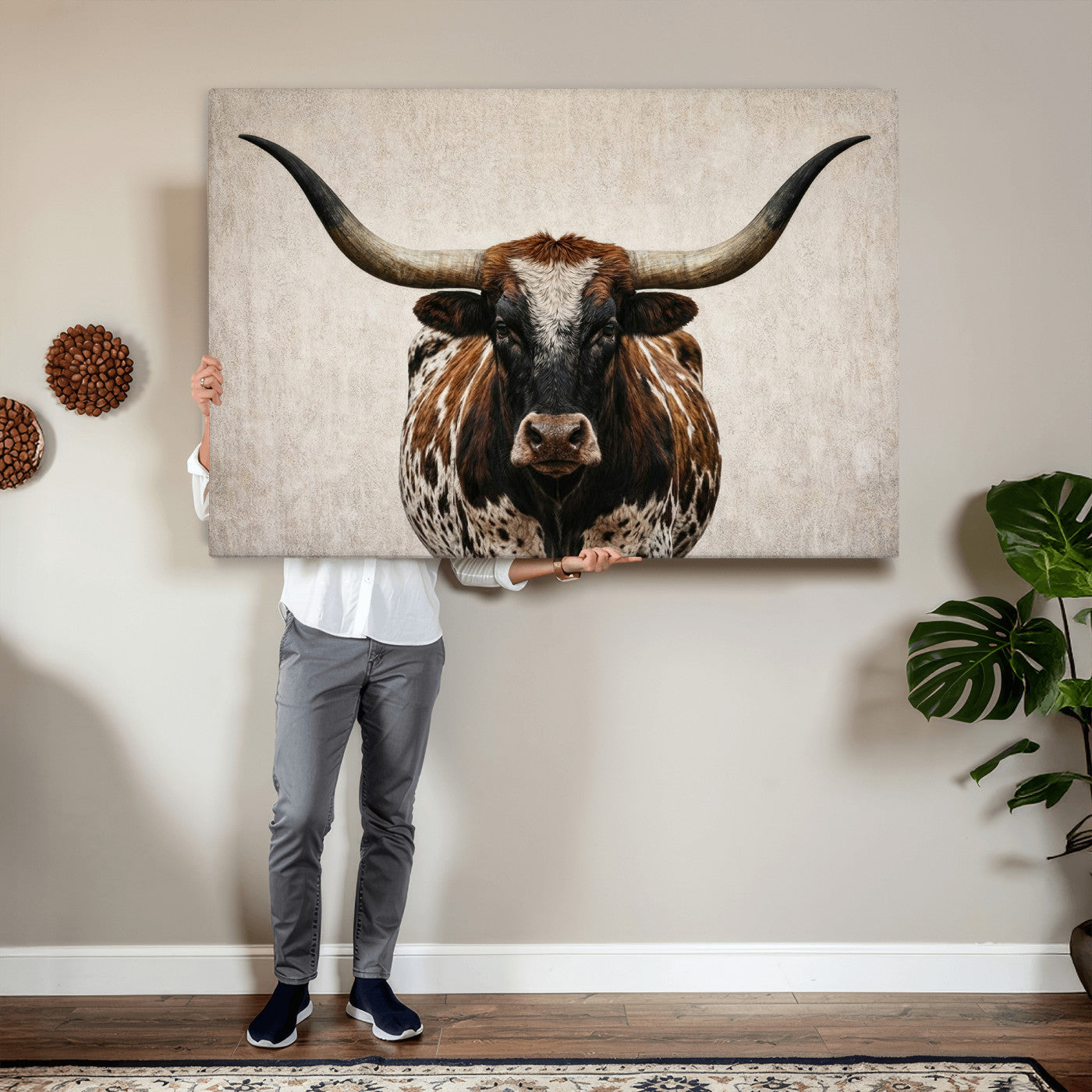 58622065-MGV-CV-36X24 - Texas Longhorn Canvas Wall Art Western Bull Desert Moody Grey Overcast Rustic Farmhouse Framed Large for Living Room Bedroom Office Decor