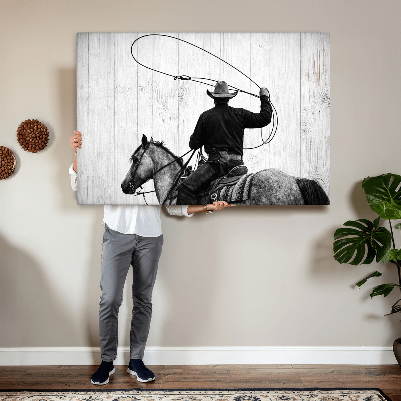 22569358-MGV-CV-36X24 - Cowboy Lasso Canvas Wall Art, Black White Western Horse Photo Print, Rustic Ranch Rodeo Decor, Farmhouse Western Art, Cowboy Gift for Him