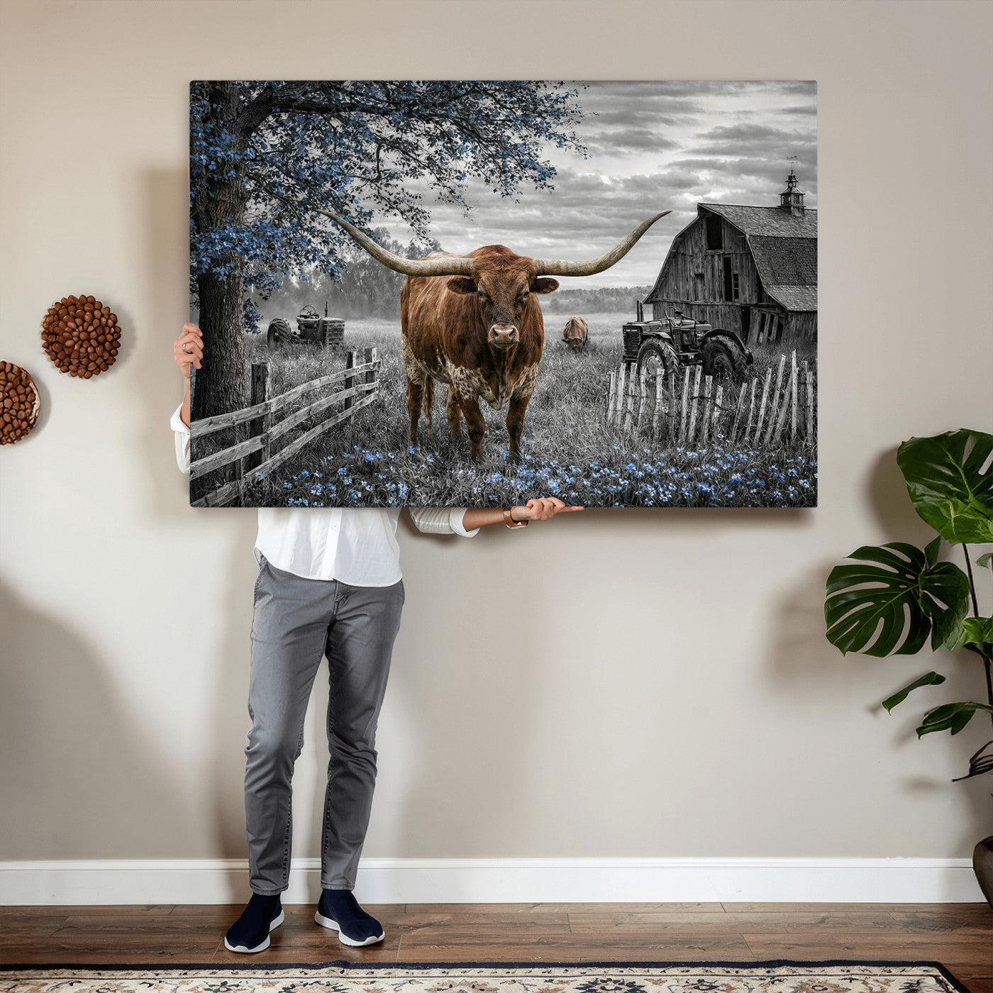 19366343-MGV-CV-36X24 - Texas Longhorn Canvas Wall Art, Rustic Farm Barn Bluebonnet Photography Print, Farmhouse Country Decor, Western Ranch Art, Old Truck Tractor Print