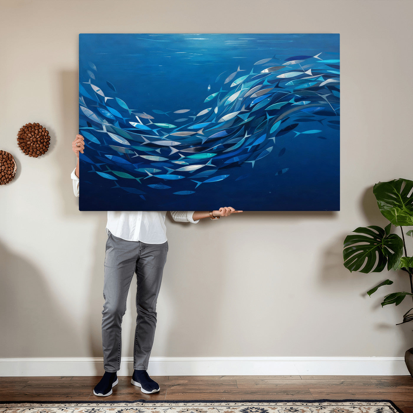 74325132-MGV-CV-36X24 - School of Fish Canvas Print | Blue Ocean Underwater Wall Art | Swirling Fish Shoal Illustration | Marine Navy Coastal Decor