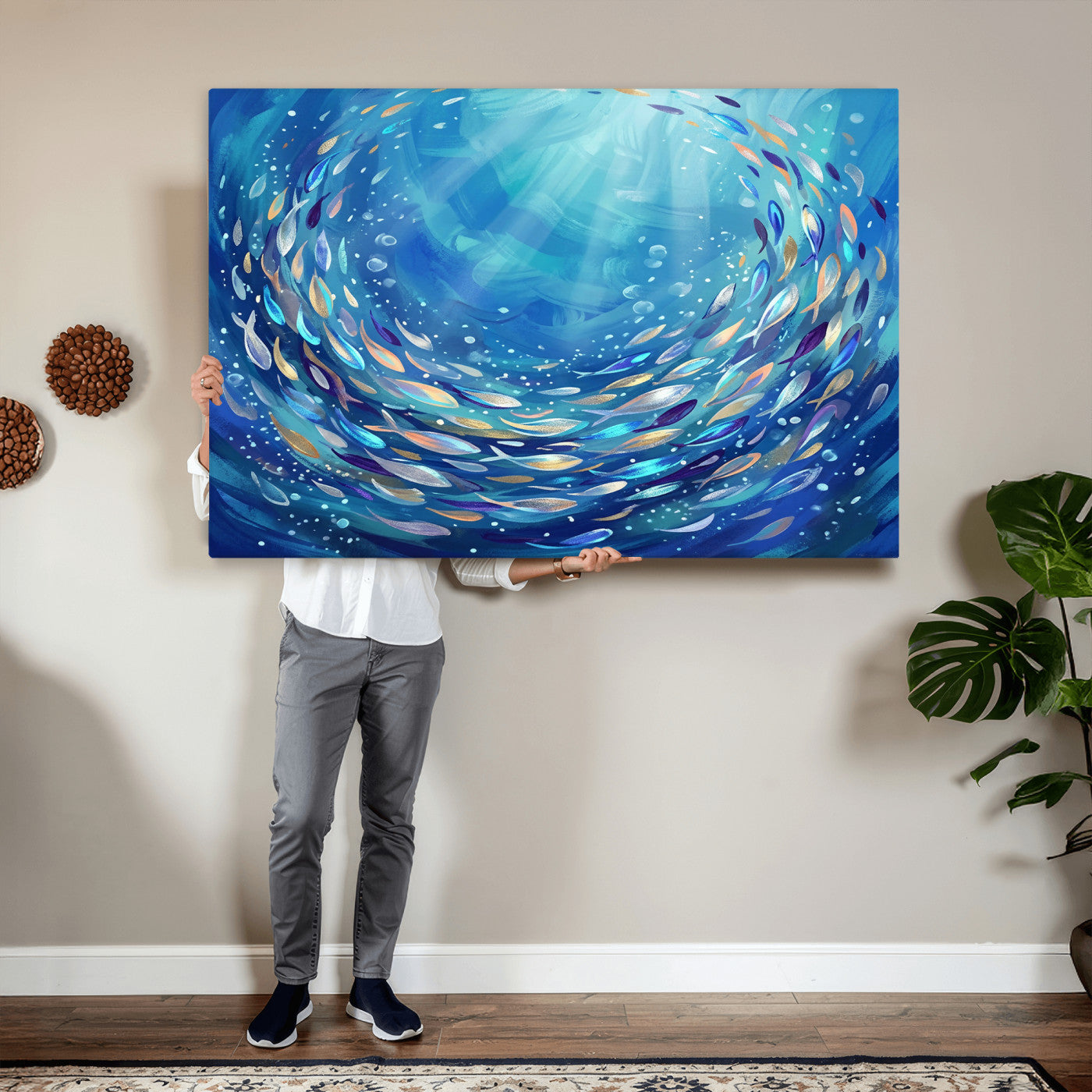 78699899-MGV-CV-36X24 - School of Fish Canvas Print | Blue Ocean Underwater Wall Art | Swirling Fish Shoal Illustration | Marine Navy Coastal Decor