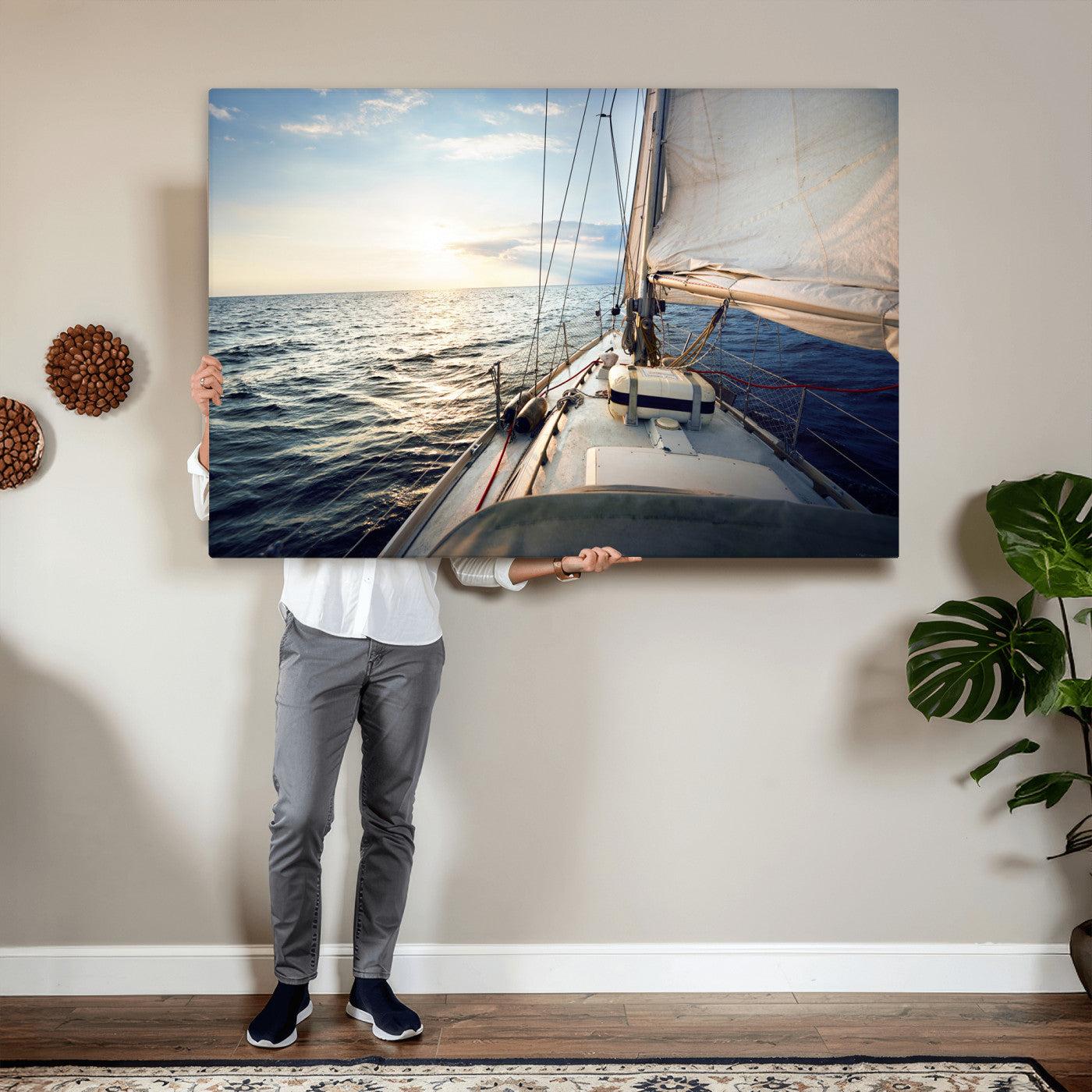 76381335-MGV-CV-36X24 - Sailboat Wall Art Canvas Print, Ocean Sunset Sailing Framed Artwork, Coastal Nautical Seascape Decor for Living Room Office Beach House