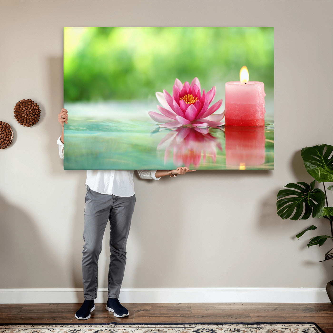 17661715-MGV-CV-36X24 - Zen Lotus Candle Canvas Wall Art Pink Spa Meditation Relaxation Green Bokeh Framed Large for Bathroom Bedroom Living Room Office Decor