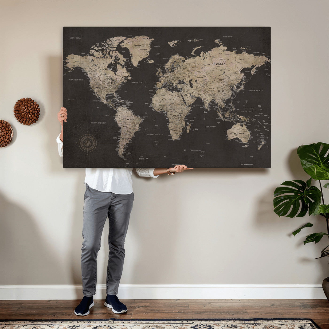 56556018136-MGV-CV-36X24 - World Map Canvas Wall Art Dark Charcoal Antique Tan Detailed Every Country Labeled Framed Large for Home Office Living Room Bedroom Decor