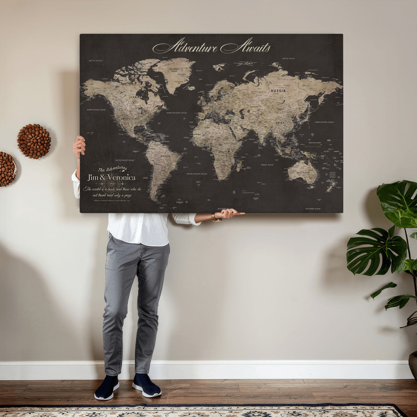 56556018136C-MGV-CV-36X24 - Custom World Map with Pins Canvas Wall Art Dark Charcoal Antique Tan Detailed Every Country Labeled Framed Large for Home Office Living Room Bedroom Decor