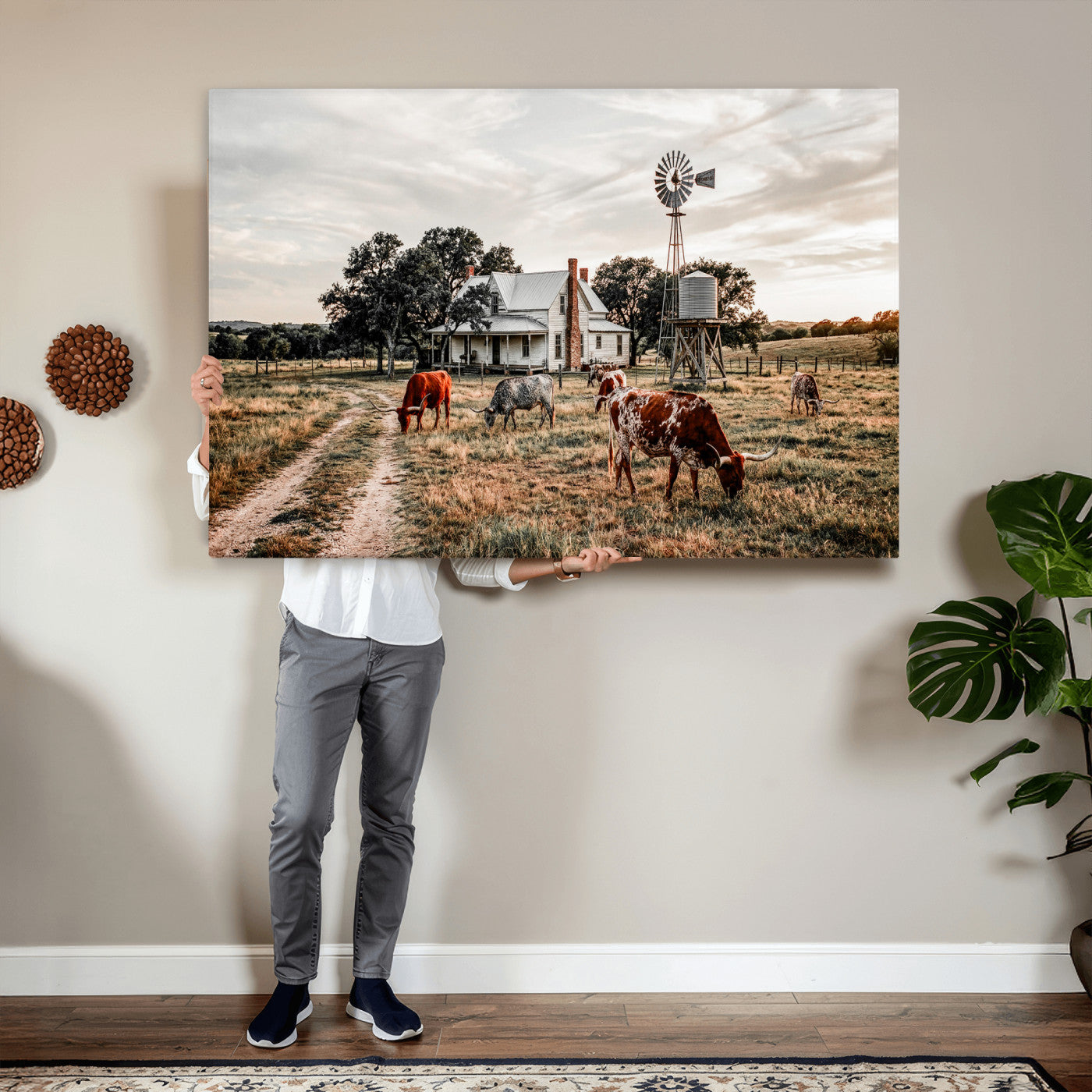 92429425-MGV-CV-36X24 - Texas Longhorn Ranch Wall Art Canvas Print, Rustic Western Farmhouse Decor, Country Landscape Canvas Wall Art, Vintage Cowboy Ranch Picture