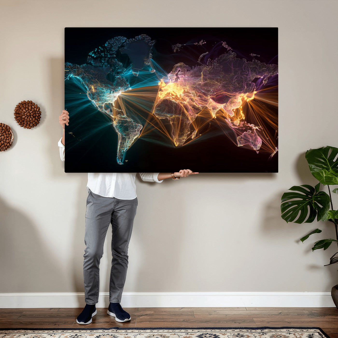 14891737-MGV-CV-36X24 - World Map and Global Flight Routes Map Canvas Wall Art, Worldwide Aviation Network Print, International Air Travel Wall Decor