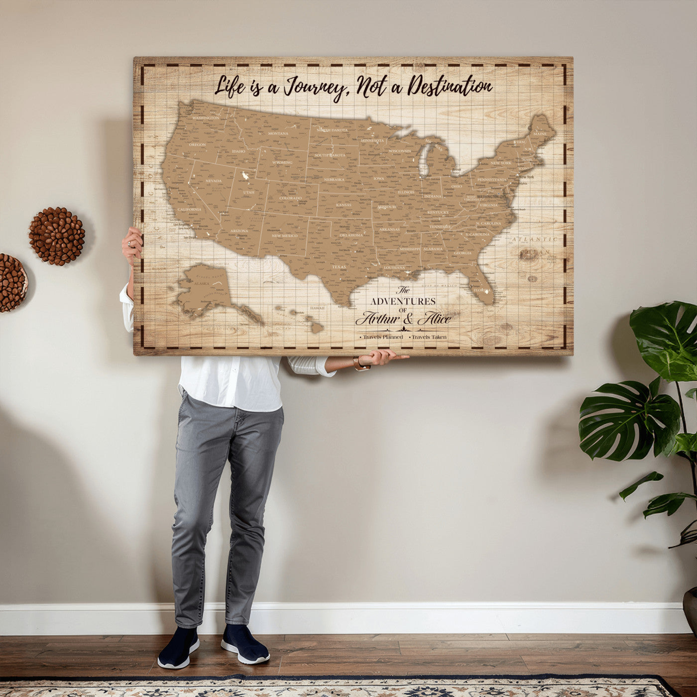 19102499-MGV-CV-36X24 - Personalized USA Push Pin Travel Map, Custom United States Map, Push Pin Map, USA Bucket List Map, Anniversary Gift | Couple Travel Map Wall Art