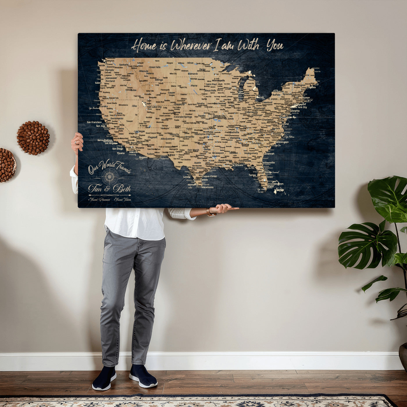 48467834-MGV-CV-36X24 - Custom Push Pin US Map Canvas | Personalized Travel Tracker | USA Cities Map Anniversary Gift for Couples | Adventure America Map Wall Art with Pins