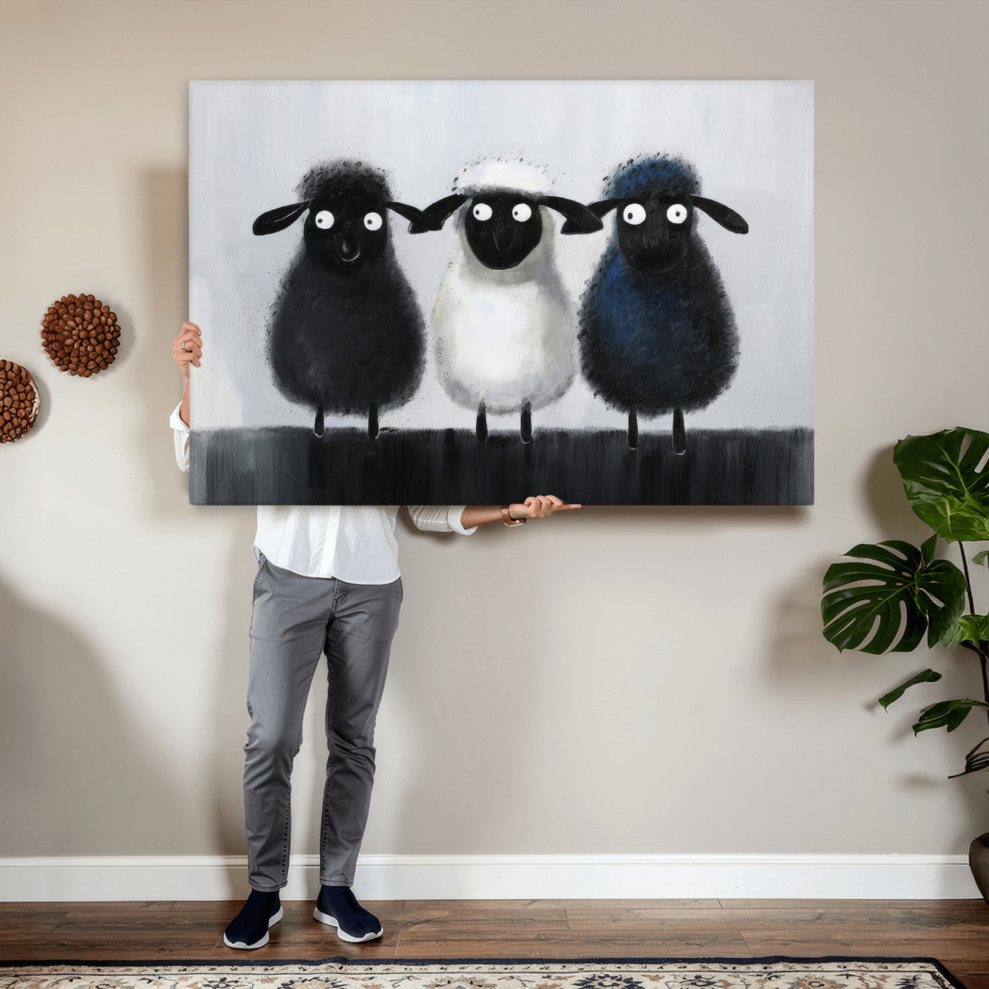 45650028-MGV-CV-36X24 - Funny Sheep Canvas Wall Art, Three Quirky Sheep Painting Print, Cute Animal Nursery Decor, Black White Navy Farmhouse Art, Kids Room Gift