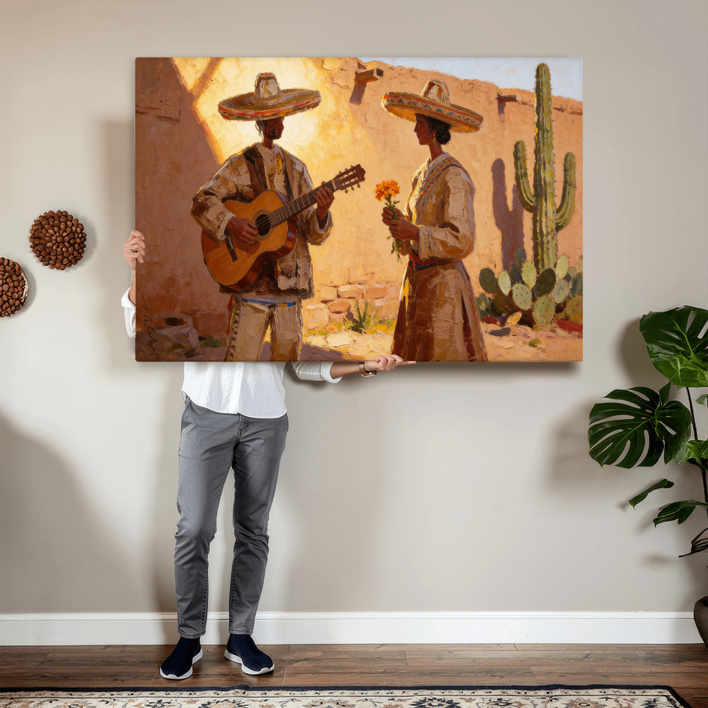 41849005-MGV-CV-36X24 - Mexican Couple Canvas Wall Art, Romantic Serenade Guitar Painting Print, Southwestern Desert Adobe Decor, Warm Golden Folk Art, Living Room Art