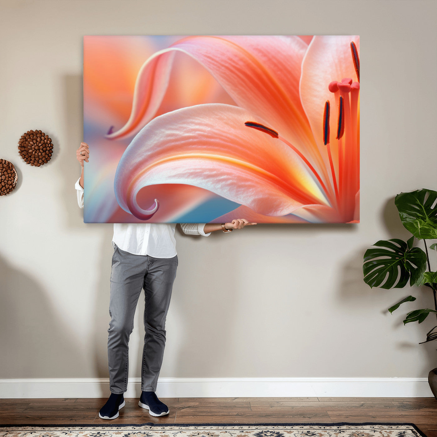 69566231-MGV-CV-36X24 - Peach Lily Canvas Wall Art, Coral Pink Flower Macro Photo Print, Botanical Bedroom Decor, Soft Floral Photography, Living Room Wall Art
