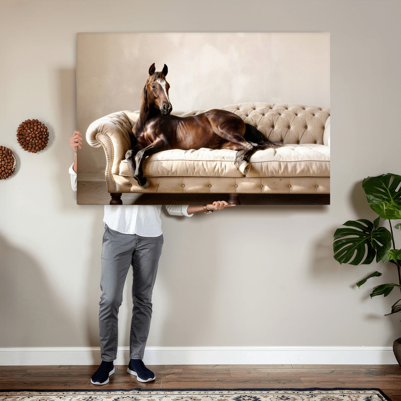 17716841-MGV-CV-36X24 - Funny Horse on Sofa Canvas Wall Art, Quirky Horse Lounging Photo Print, Whimsical Animal Decor, Living Room Conversation Art, Horse Lover Gift