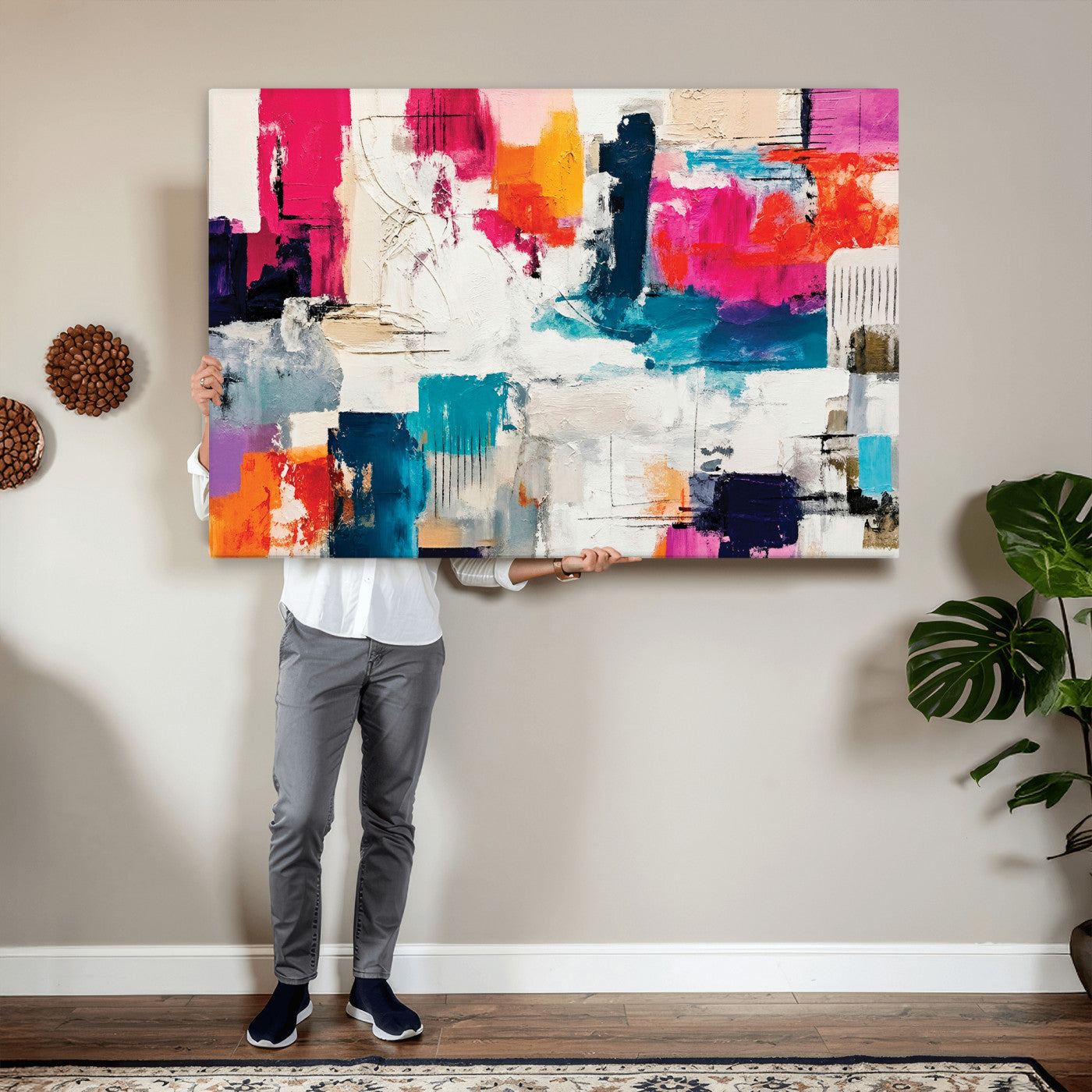 57864023-MGV-CV-36X24 - Blue Teal Abstract Canvas Wall Art | Modern Textured Painting Print, Navy Orange White Contemporary Art, Neutral Living Room Decor, Office Art