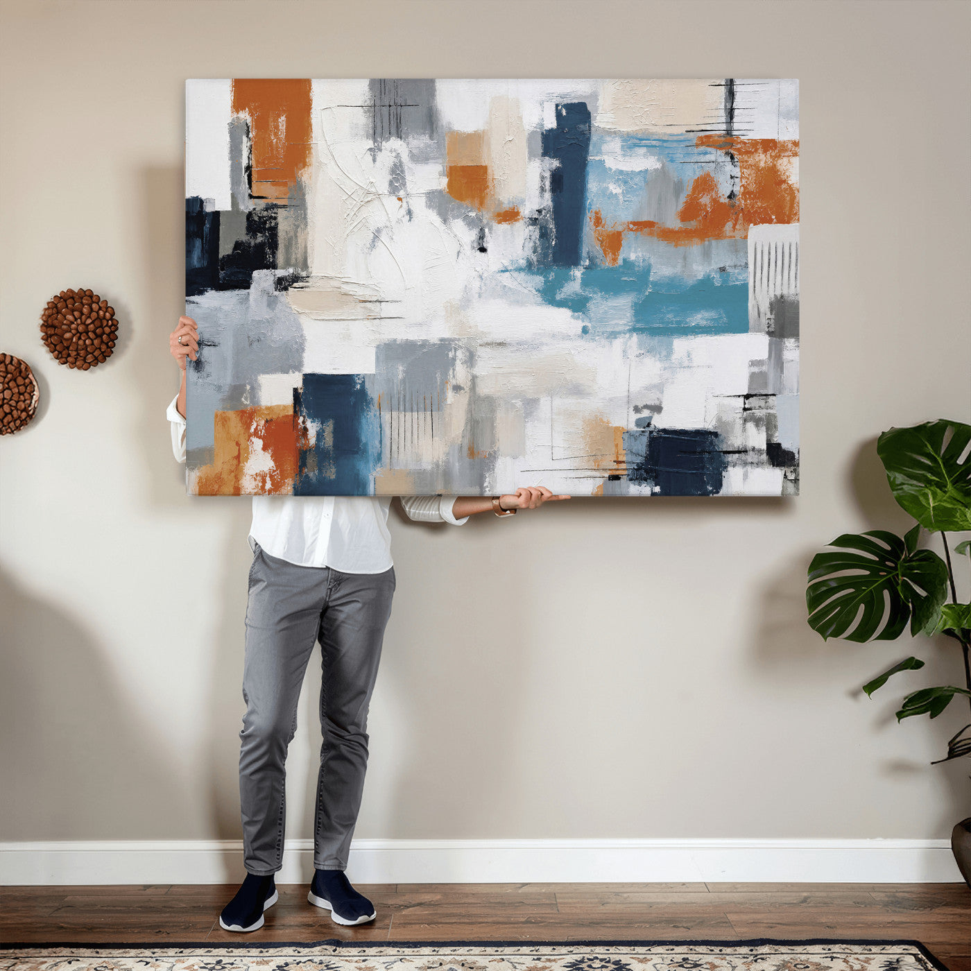 44950303-MGV-CV-36X24 - Blue Teal Abstract Canvas Wall Art, Modern Textured Painting Print, Navy Orange White Contemporary Art, Neutral Living Room Decor, Office Art