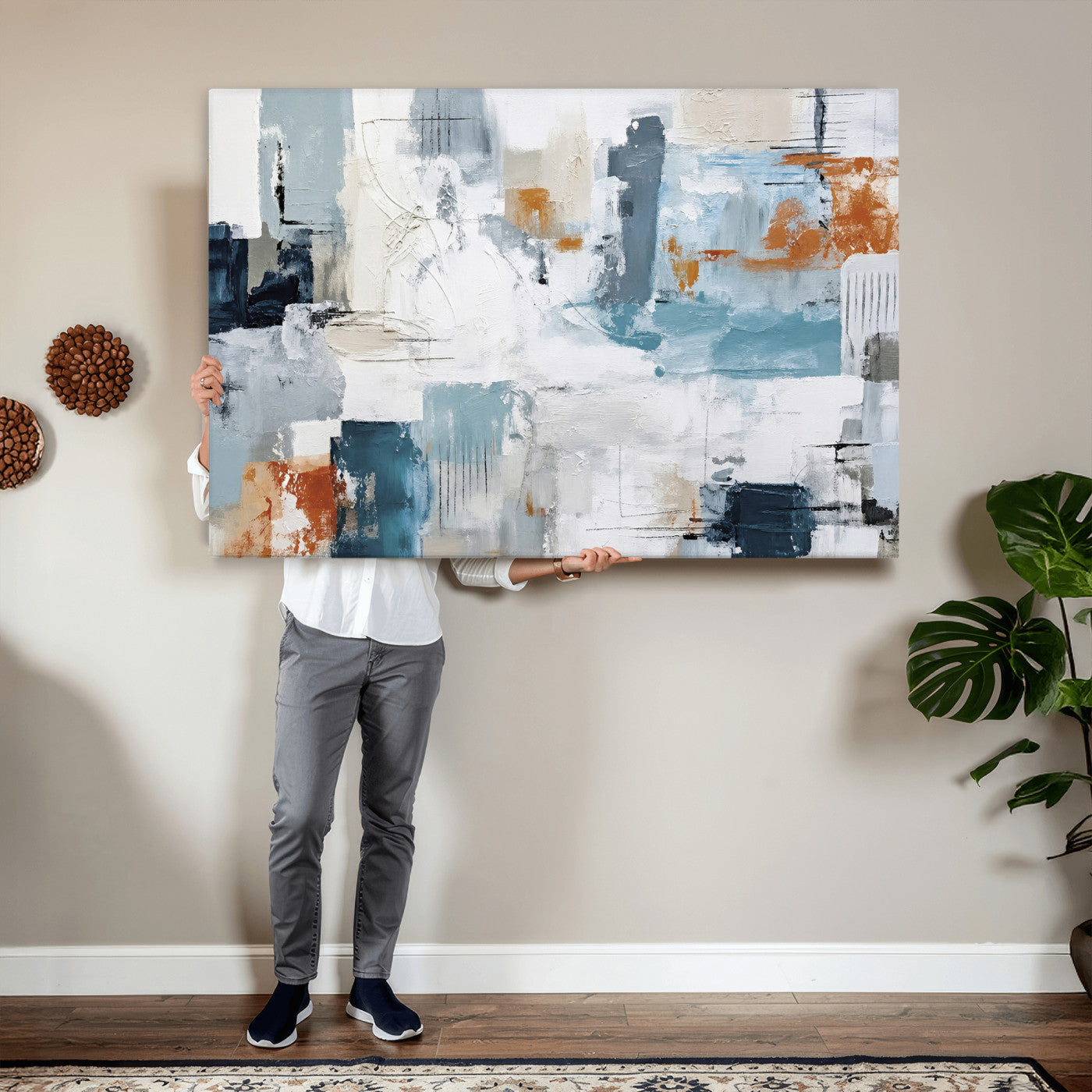 98638479-MGV-CV-36X24 - Blue Teal Abstract Canvas Wall Art, Modern Textured Painting Print, Navy Orange White Contemporary Art, Neutral Living Room Decor, Office Art