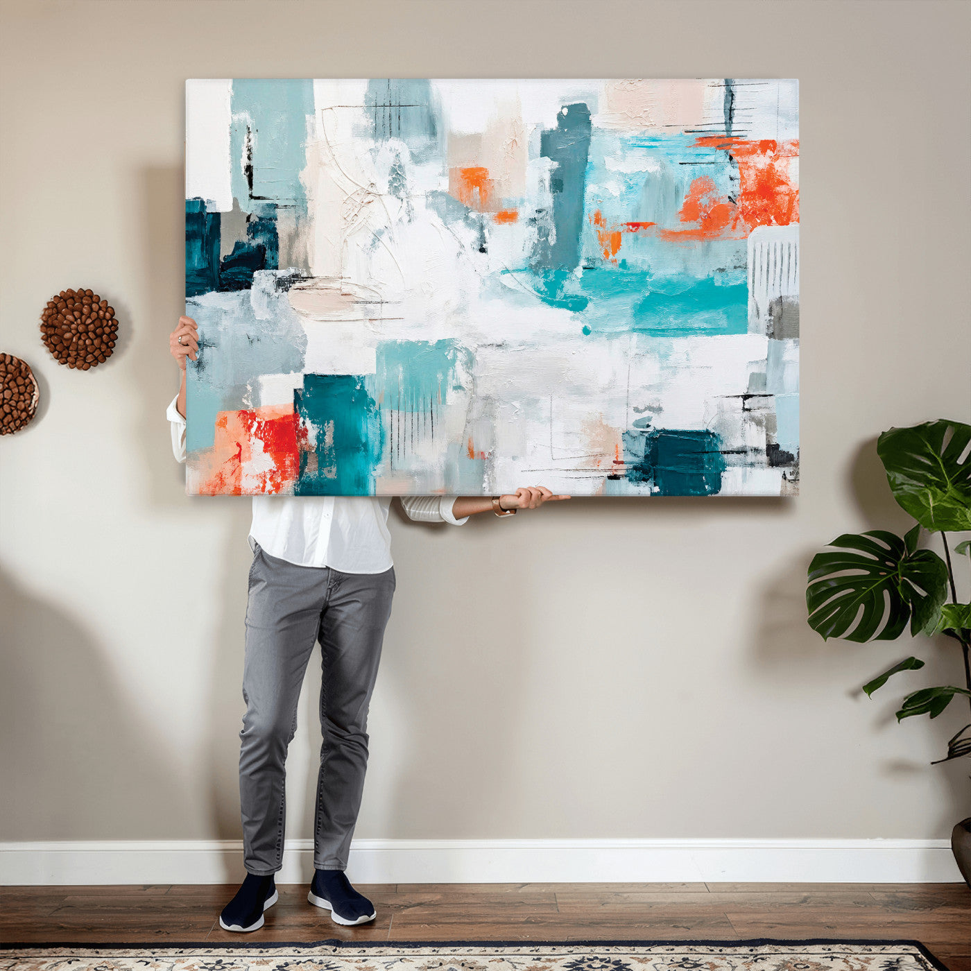 98638479-MGV-CV-36X24 - Blue Teal Abstract Canvas Wall Art | Modern Textured Painting Print, Navy Orange White Contemporary Art, Neutral Living Room Decor, Office Art