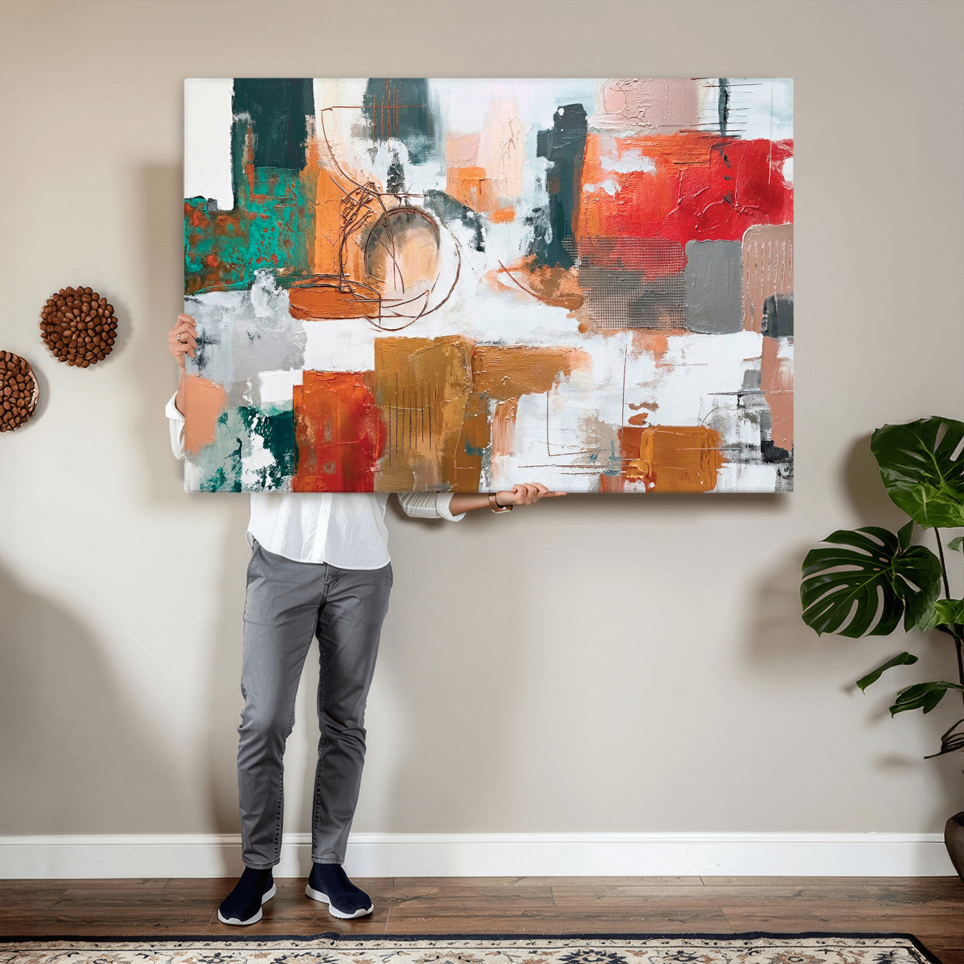 50720312-MGV-CV-36X24 - Blue Teal Abstract Canvas Wall Art | Modern Textured Painting Print, Navy Orange White Contemporary Art, Neutral Living Room Decor, Office Art.
