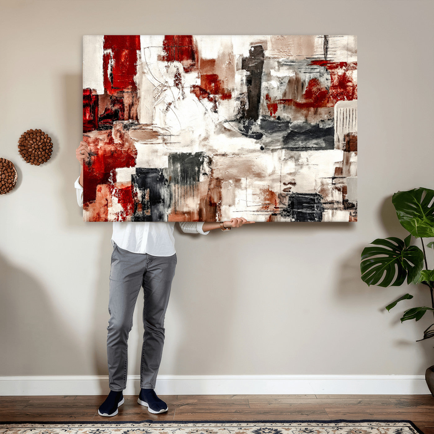 53022468-MGV-CV-36X24 - Blue Teal Abstract Canvas Wall Art, Modern Textured Painting Print, Navy Orange White Contemporary Art, Neutral Living Room Decor, Office Art