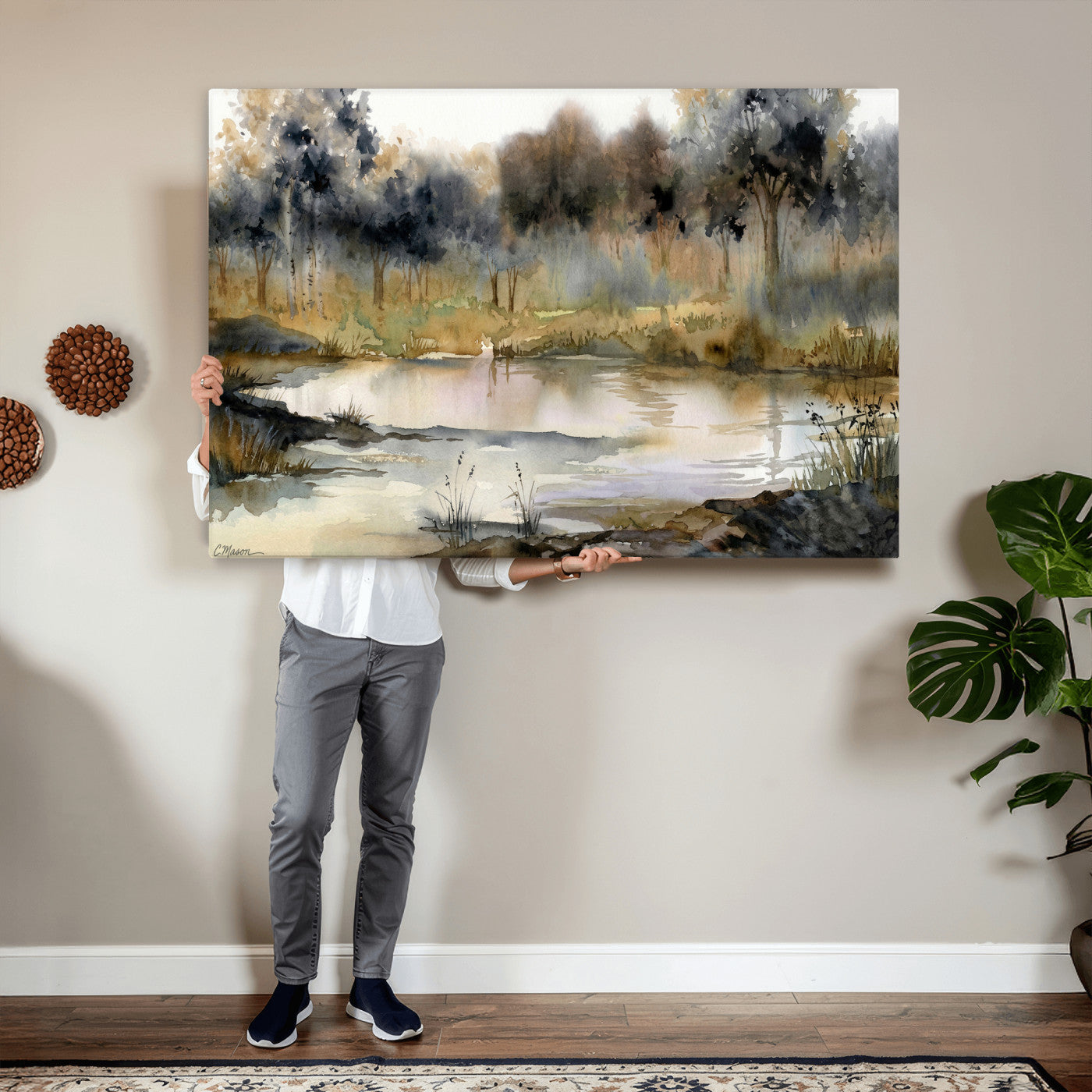27383609-MGV-CV-36X24 - Abstract Watercolor Autumn Lake Canvas Wall Art Print - Misty Forest Landscape, Rustic Nature Painting, Cabin Wall Decor - Ready to Hang