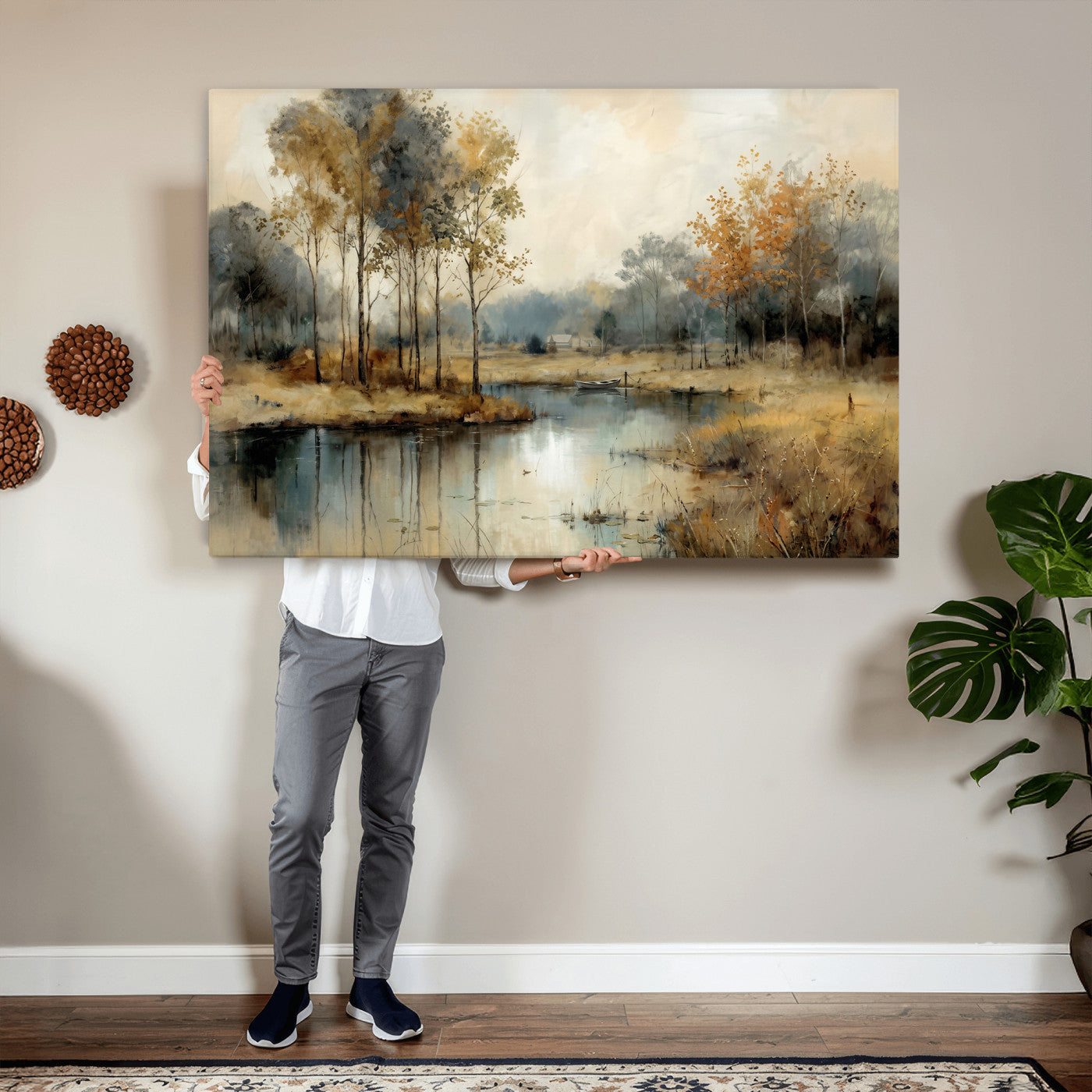 74391095-MGV-CV-36X24 - Abstract WatercolorAutumn Lake Canvas Wall Art Print, Misty Forest Landscape, Rustic Nature Painting, Cabin Wall Decor | Ready to Hang