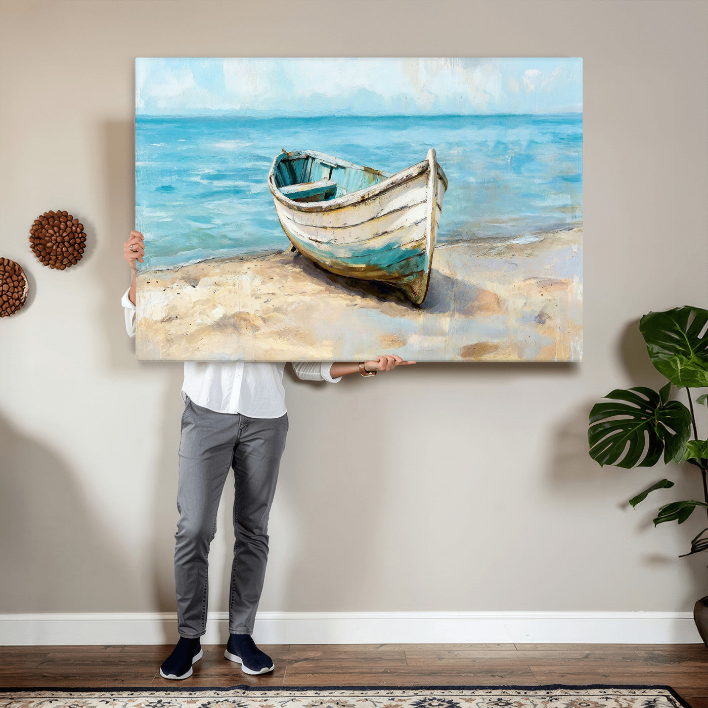 14780565-MGV-CV-36X24 - Coastal Boat Canvas Wall Art Print, Beach Boat Painting, Nautical Ocean Decor, Seascape Wall Art, Ready to Hang