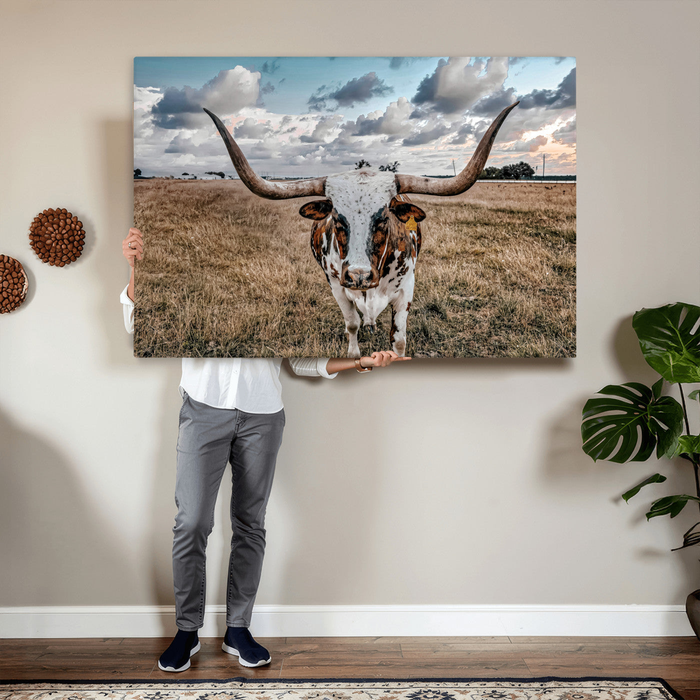 17464823-MGV-CV-36X24 - Texas Longhorn Canvas Wall Art Print - Western Cow Photography, Rustic Ranch Decor, Farmhouse Wall Art, Ready to Hang