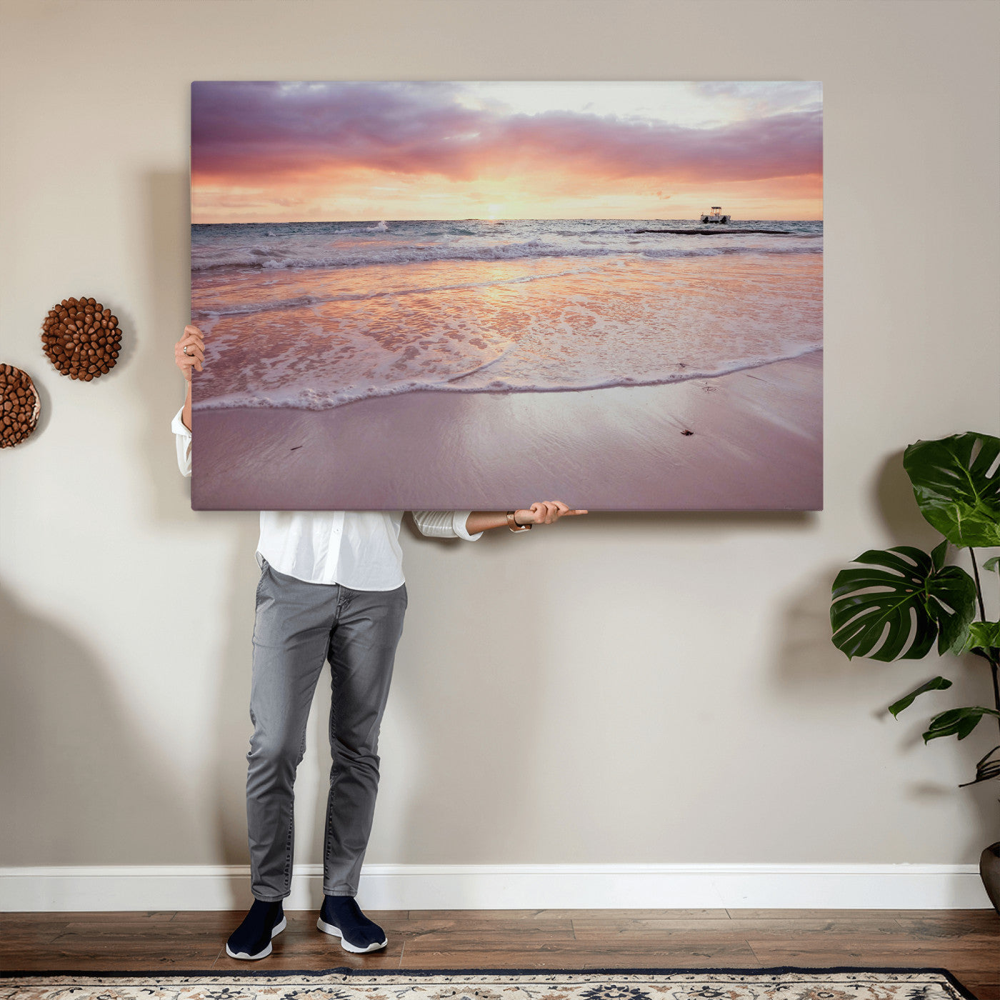 44765395-MGV-CV-36X24 - Beach Sunset Canvas Wall Art Print - Ocean Waves Landscape, Coastal Photography, Seascape Wall Decor, Ready to Hang