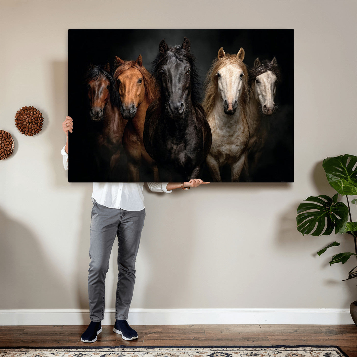 77696206-MGV-CV-36X24 - Horse Wall Art Canvas Print | Wild Horses Portrait Photography, Animal Horse Decor, Black Brown White Horse Herd