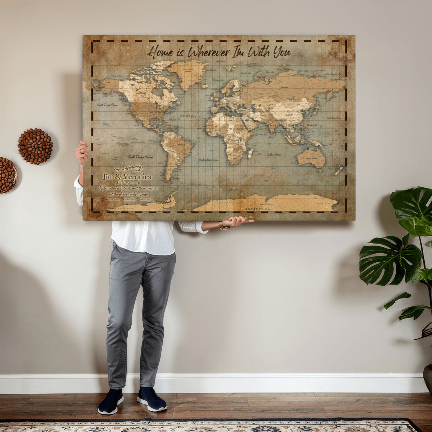 97123877-MGV-CV-36X24 - Vintage Custom Push Pin World Map Print - Vintage Travel Map Canvas, Personalized Names Anniversary Gift, Places Visited Pin Board