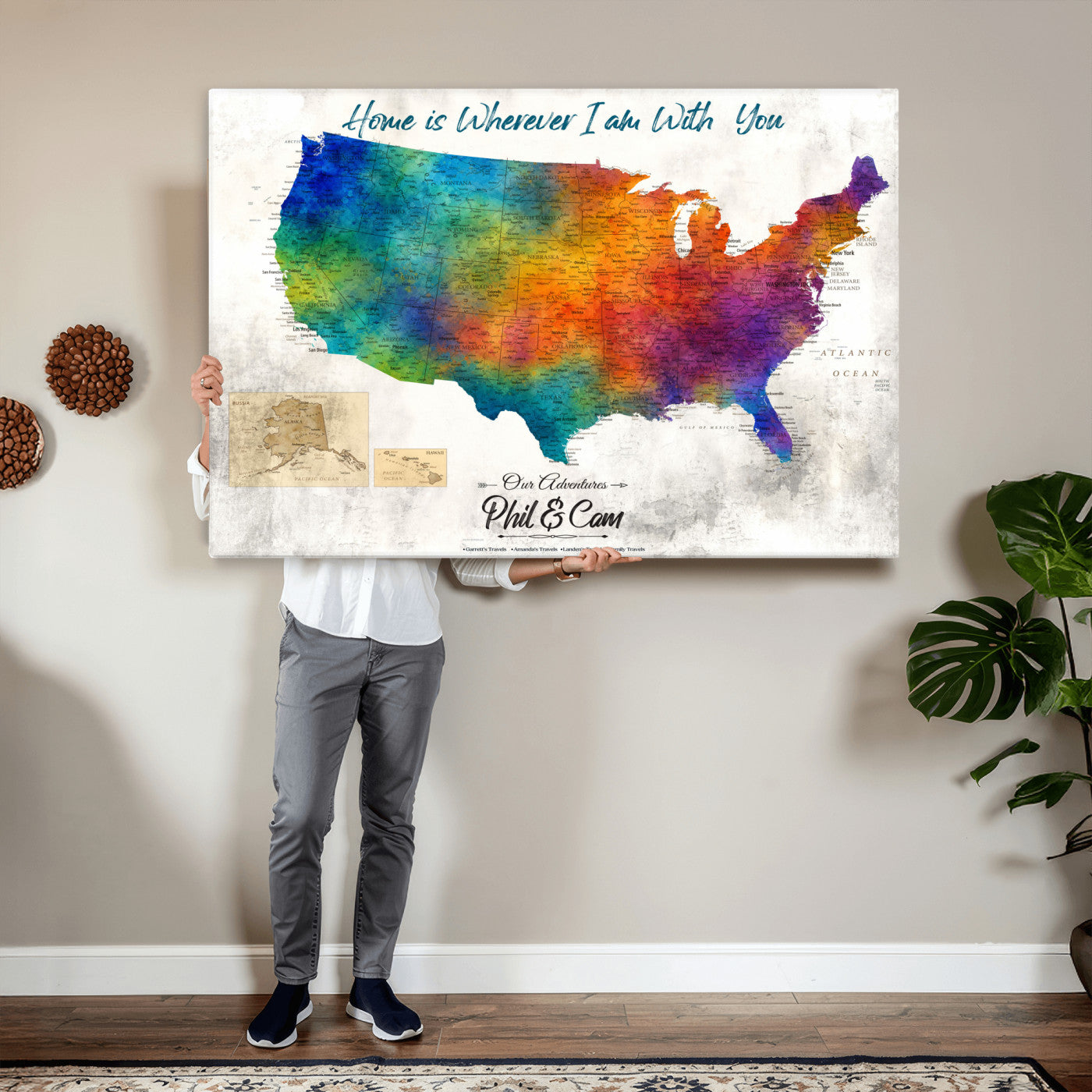 17251793-MGV-CV-36X24 - Watercolor USA Travel Map with Pins Colorful Modern Canvas Wall Art