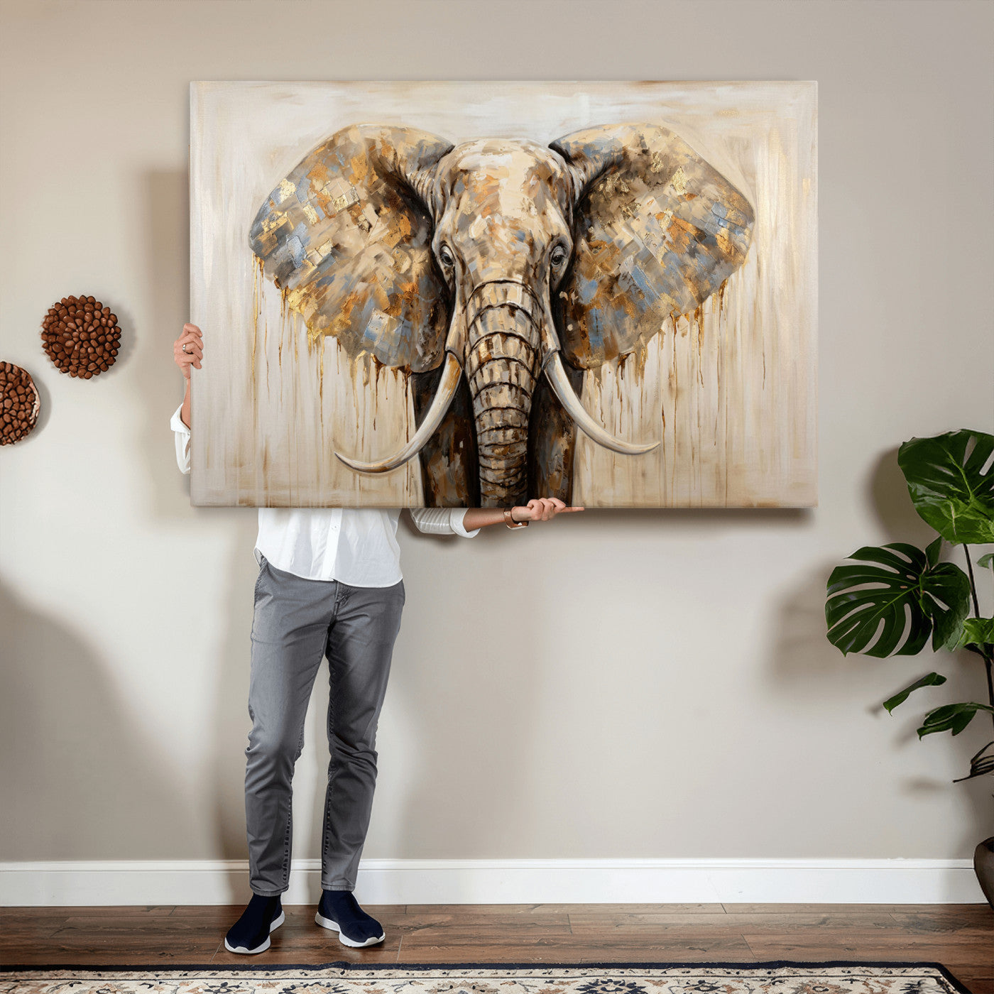 95819221-MGV-CV-36X24 - Gold Leaf Elephant Canvas Wall Art Abstract African Wildlife Painting Print