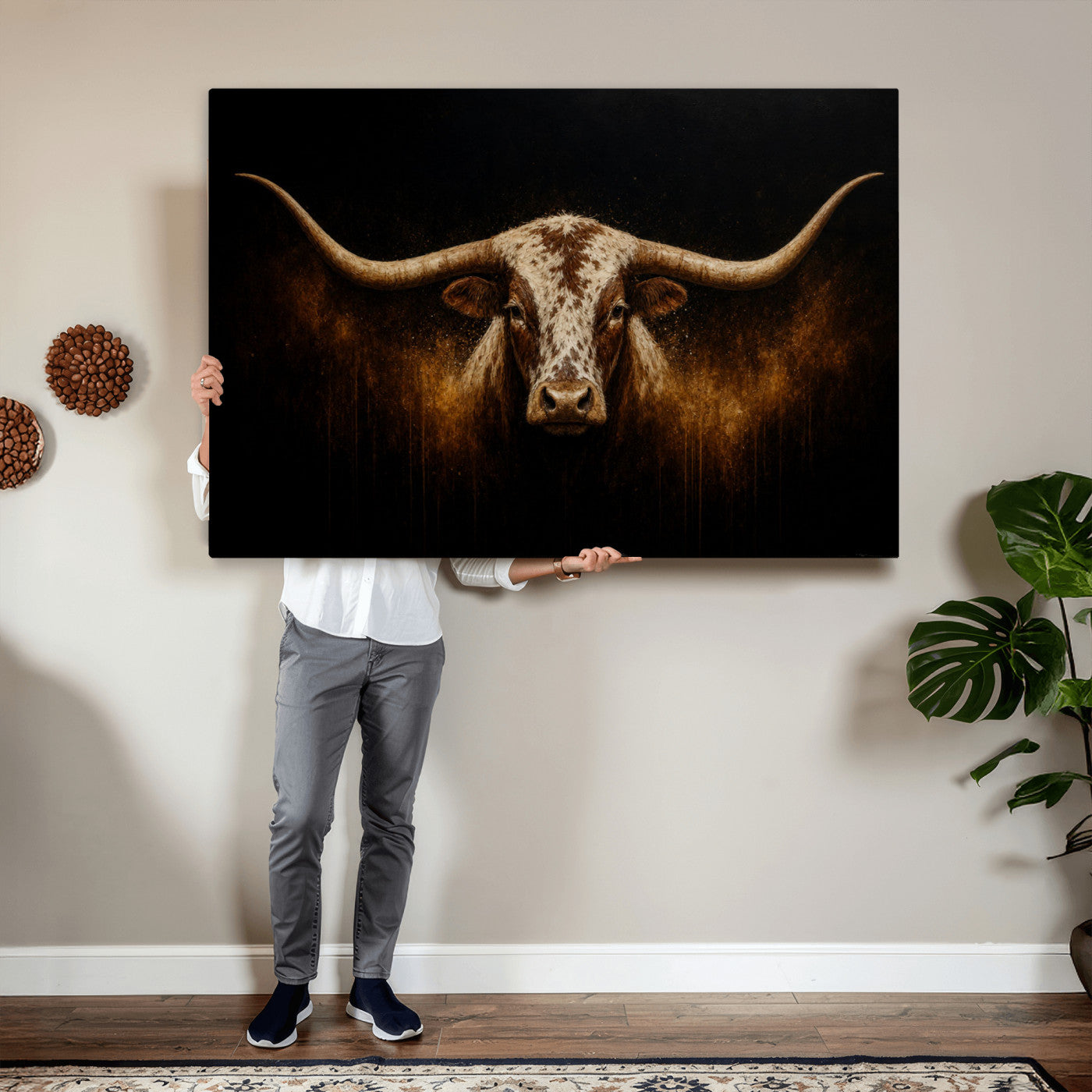 12628958-MGV-CV-36X24 - Texas Longhorn Canvas Wall Art Moody Western Bull Oil Painting Print