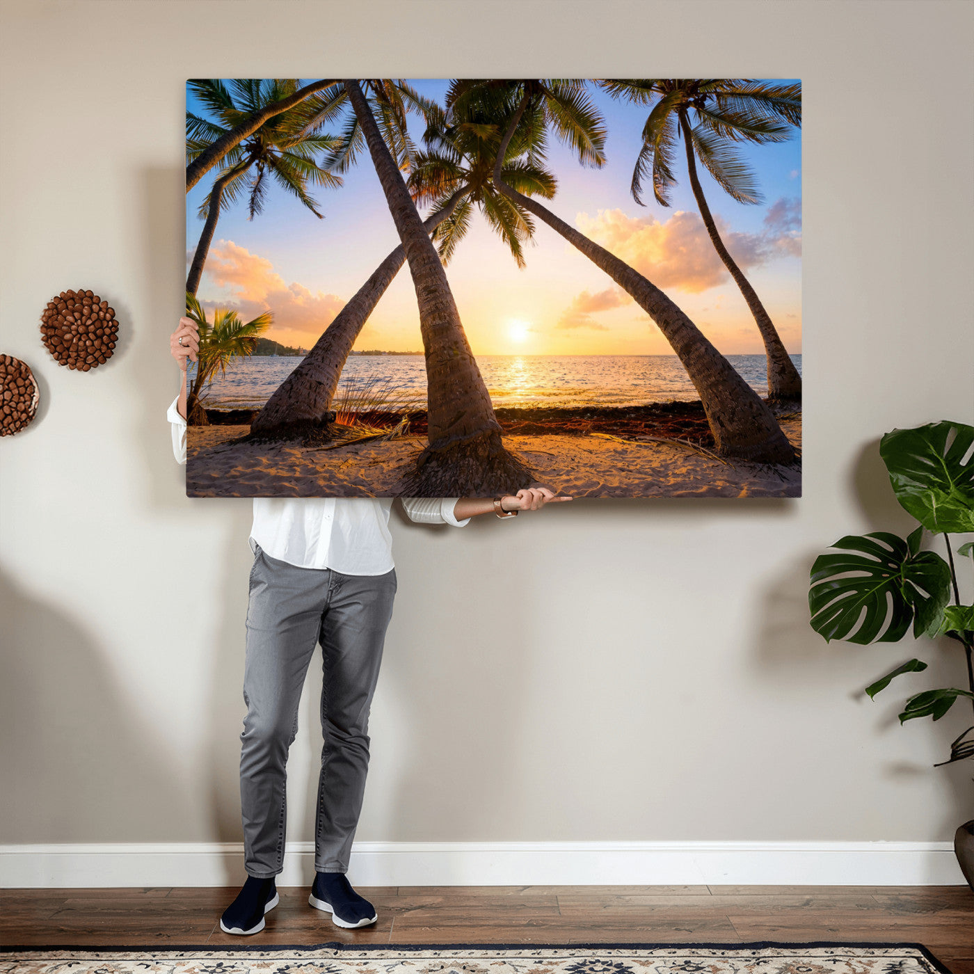 75123213-MGV-CV-36X24 - Tropical Island Coconut Palm Trees Sunset Wall Art Canvas Print - Turquoise Beach Print for Nautical Home Decor