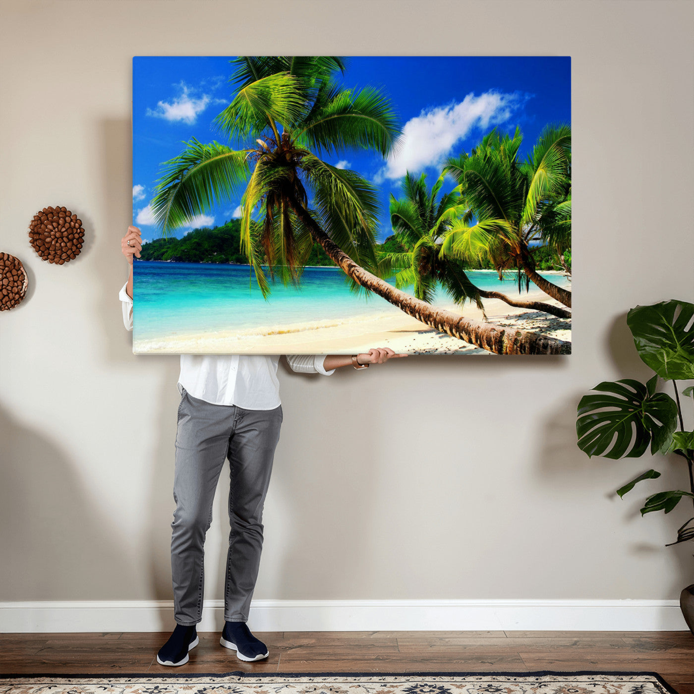 67049818-MGV-CV-36X24 - Tropical Island Coconut Palm Trees Wall Art Canvas Print - Turquoise Beach Print for Lake Home Decor