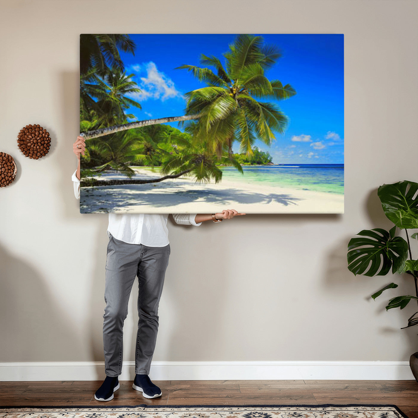 20475280-MGV-CV-36X24 - Tropical Island Coconut Palm Trees Wall Art Canvas Print - Turquoise Beach Print for Nautical Home Decor