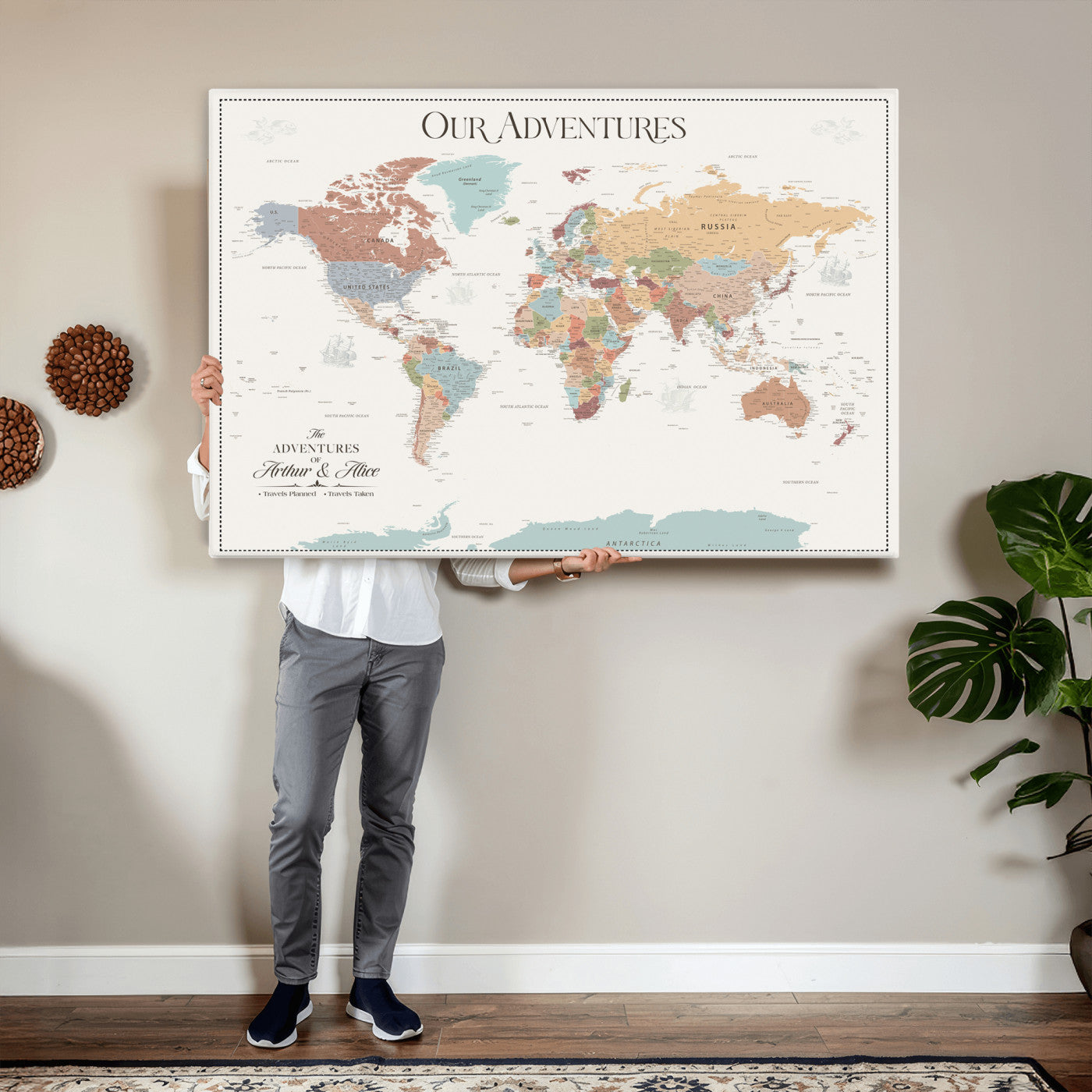 NEWMAP-4-MGV-CV-36X24 - Push Pin Customize World Map with Pins Board Wall Art Canvas Print