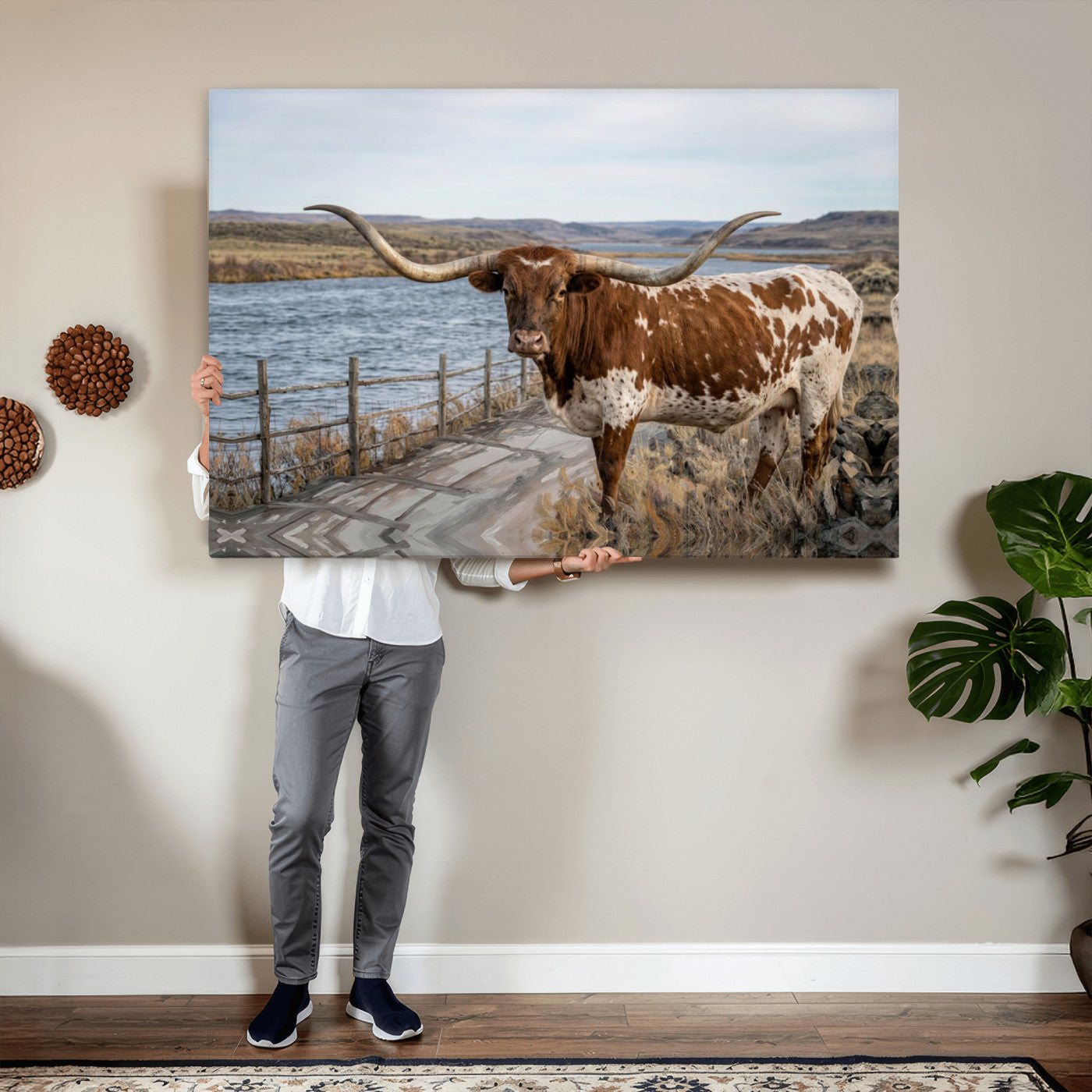 91575949-MGV-CV-36X24 - Texas Longhorn Cattle in Desert Pasture Wall Art Canvas Print - Rustic Western Decor