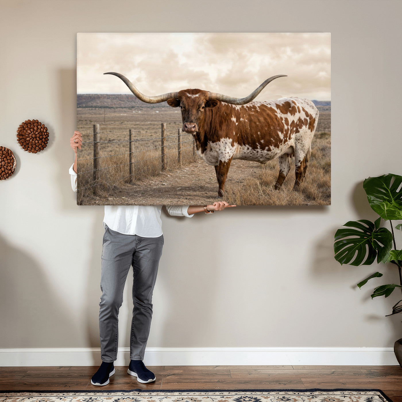 22808364-MGV-CV-36X24 - Texas Longhorn Cattle in Desert Pasture Wall Art Canvas Print - Rustic Western Decor