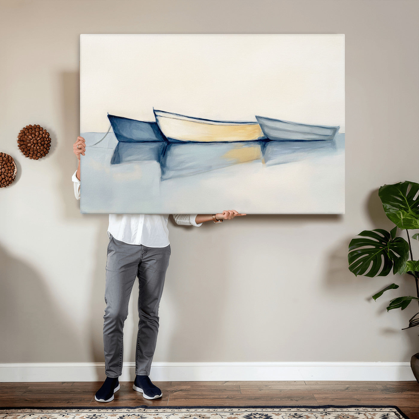 84017361-MGV-CV-36X24 - Abstract Three Boats Reflecting on Water Wall Art Canvas Print - Minimalist Coastal Seascape