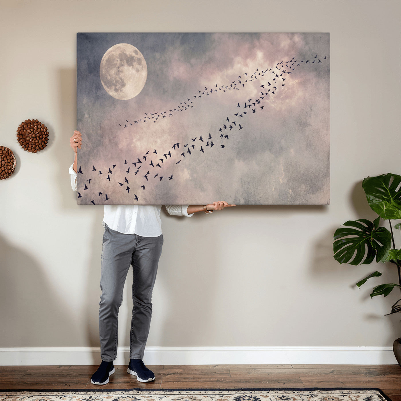 52339590-MGV-CV-36X24 - Birds Flying to Moon Wall Art Canvas Print - Vintage Surreal Night Sky Sky Print