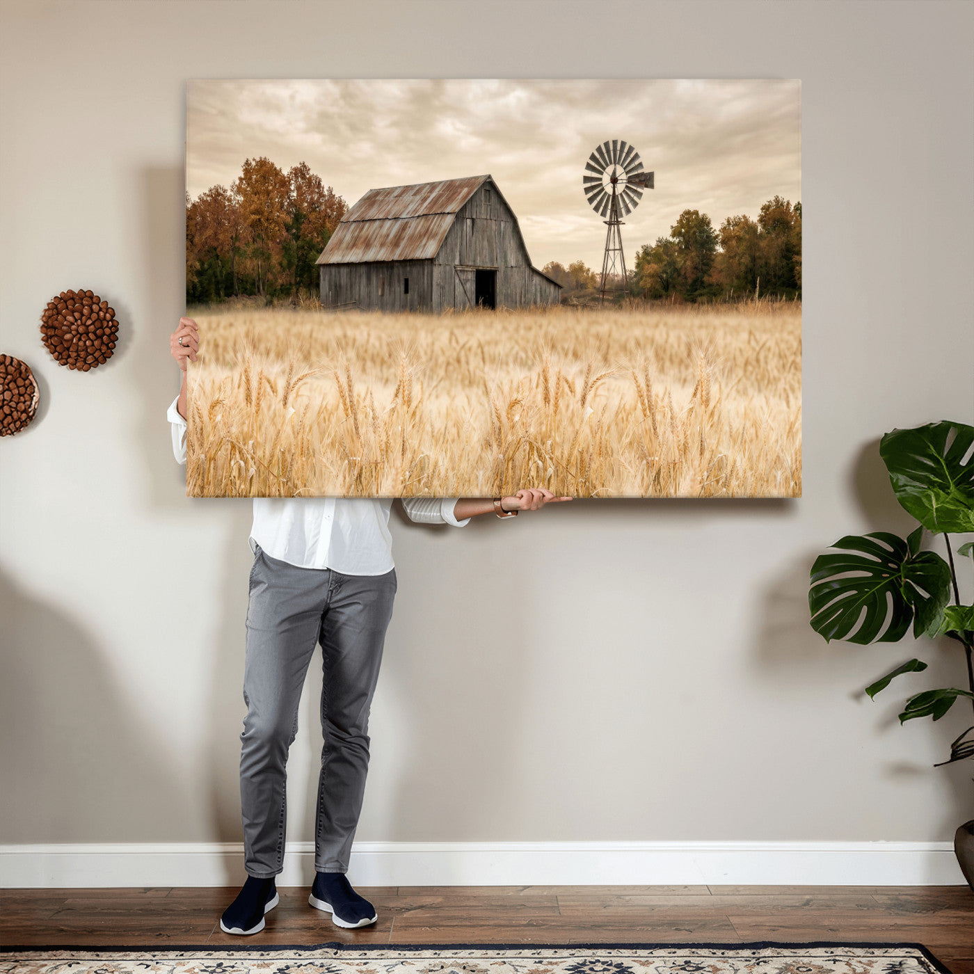 99640659-MGV-CV-36X24 - Rustic Farmhouse Barn and Windmill Wall Art Canvas Print, Country Landscape Photography Print