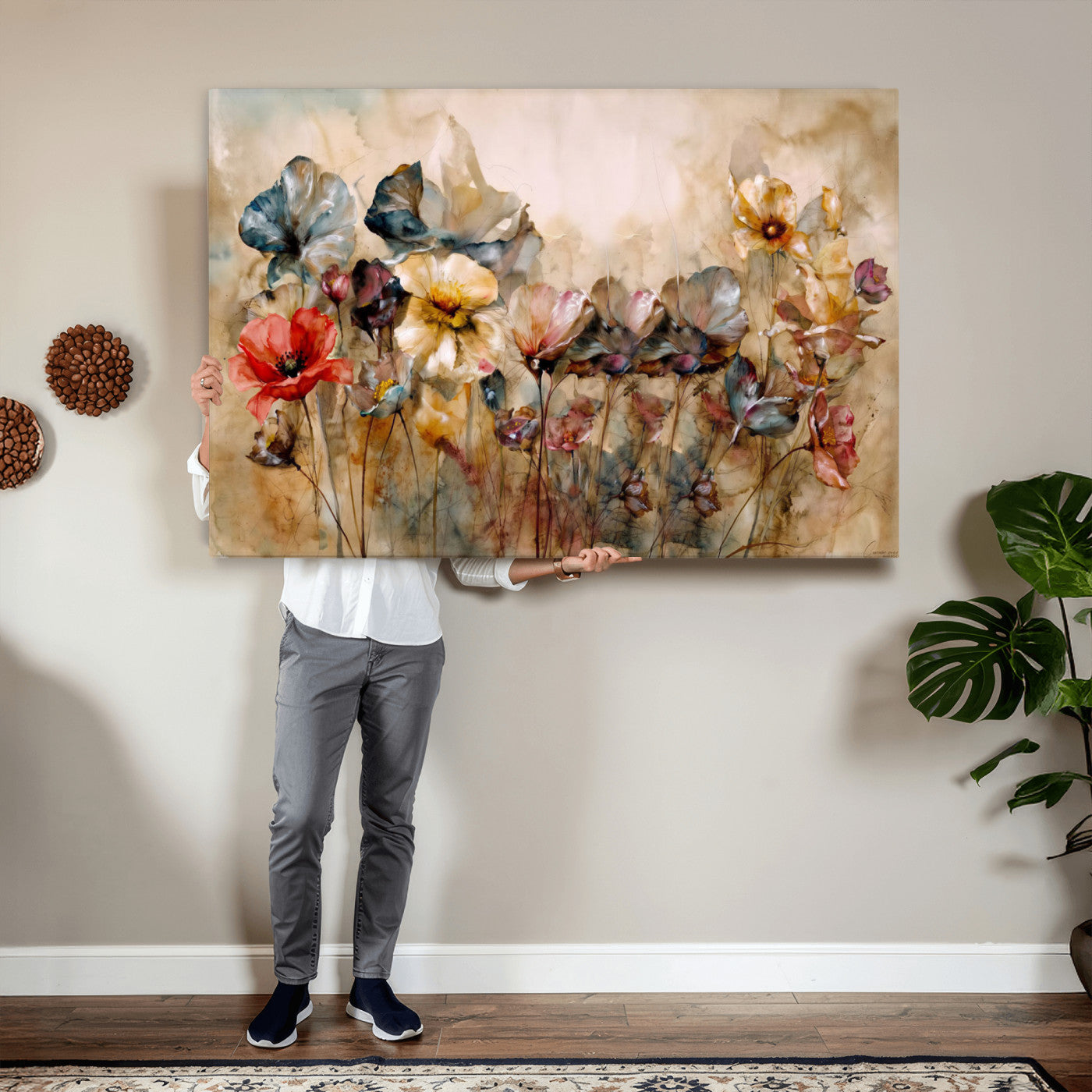 11407233-MGV-CV-36X24 - Vintage Dried Floral Meadow Wall Art Canvas Print, Translucent Watercolor Flowers Painting Print