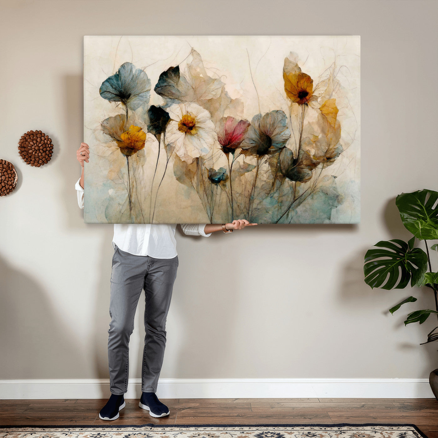 86802229-MGV-CV-36X24 - Vintage Dried Floral Meadow Wall Art Canvas Print, Translucent Watercolor Flowers Painting Print