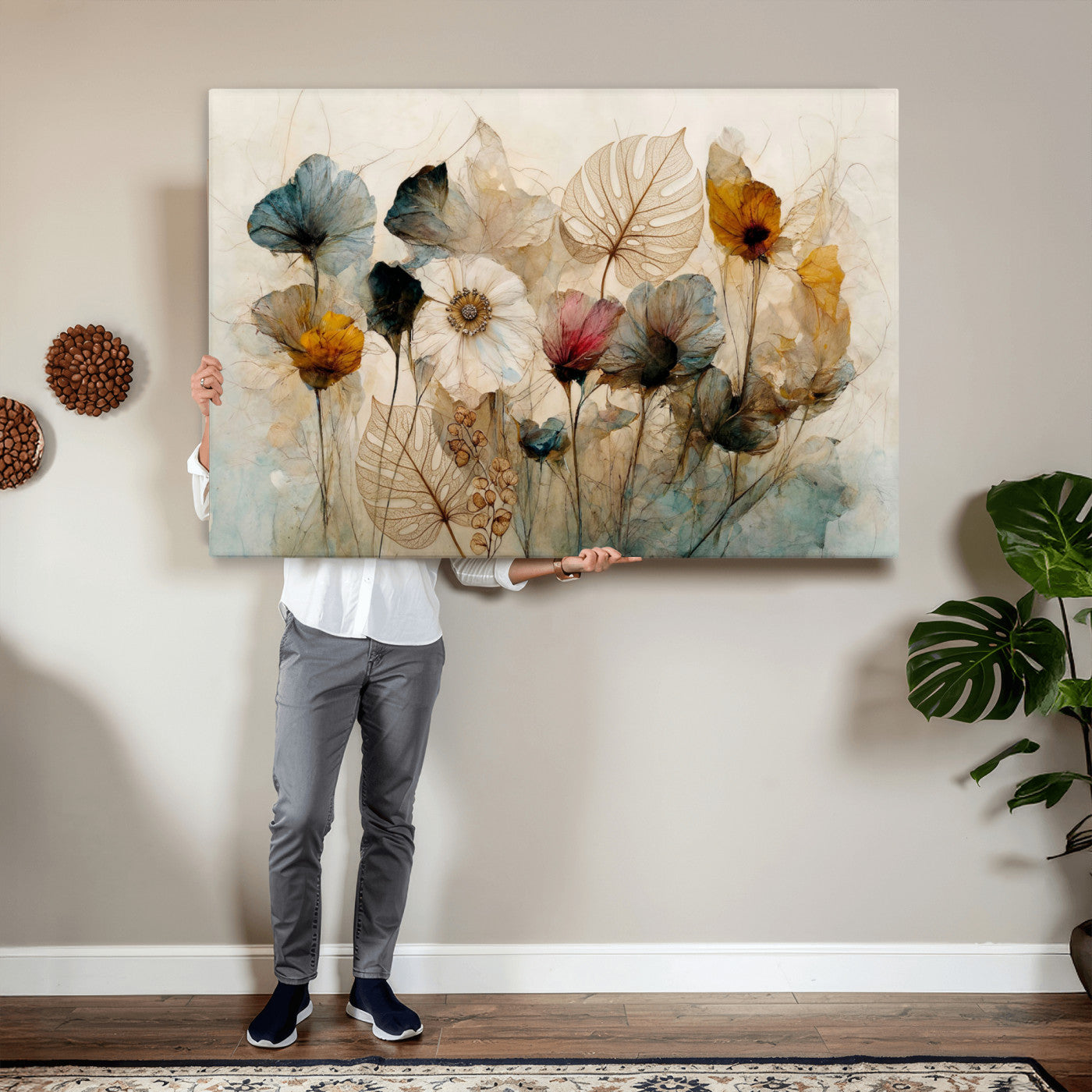 93171612-MGV-CV-36X24 - Vintage Dried Floral Meadow Wall Art Canvas Print, Translucent Watercolor Flowers Painting Print